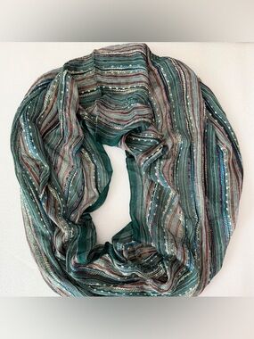 Boho Textured Infinity Scarf Green Multi Stripe Woven Lightweight Artisan Style